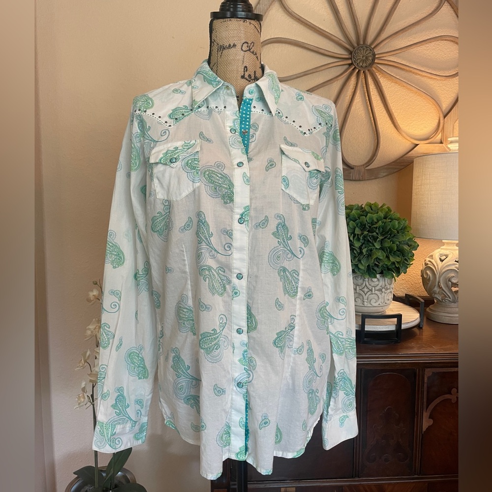 Twenty X by Wrangler White and Green Paisley Western Button-Up Shirt